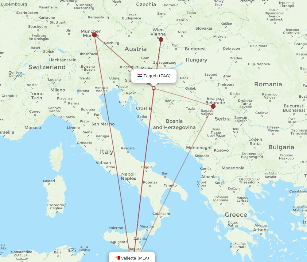 MLA to ZAG flights and routes map