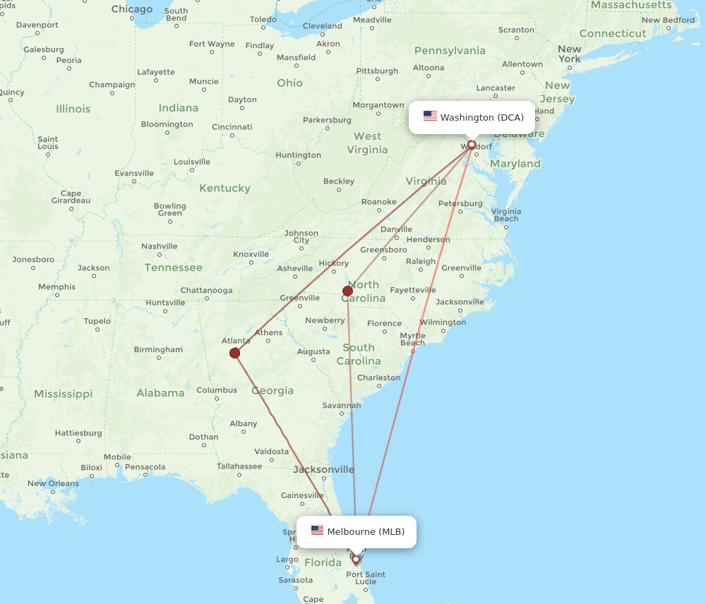 MLB to DCA flights and routes map