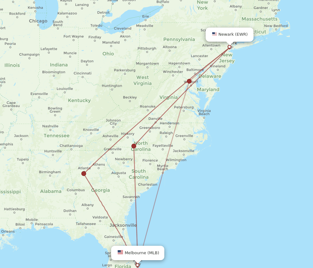 MLB-EWR flight routes