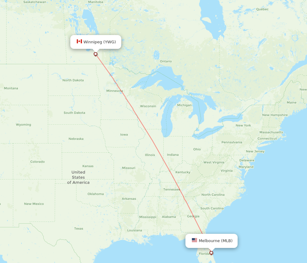 MLB to YWG flights and routes map