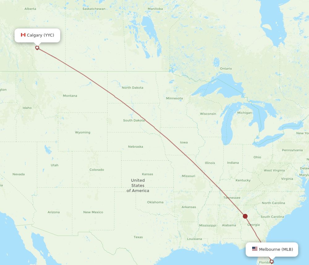 MLB to YYC flights and routes map