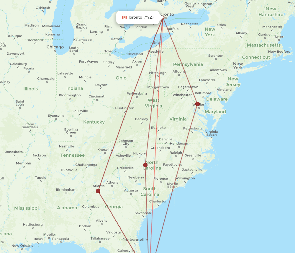 MLB-YYZ flight routes