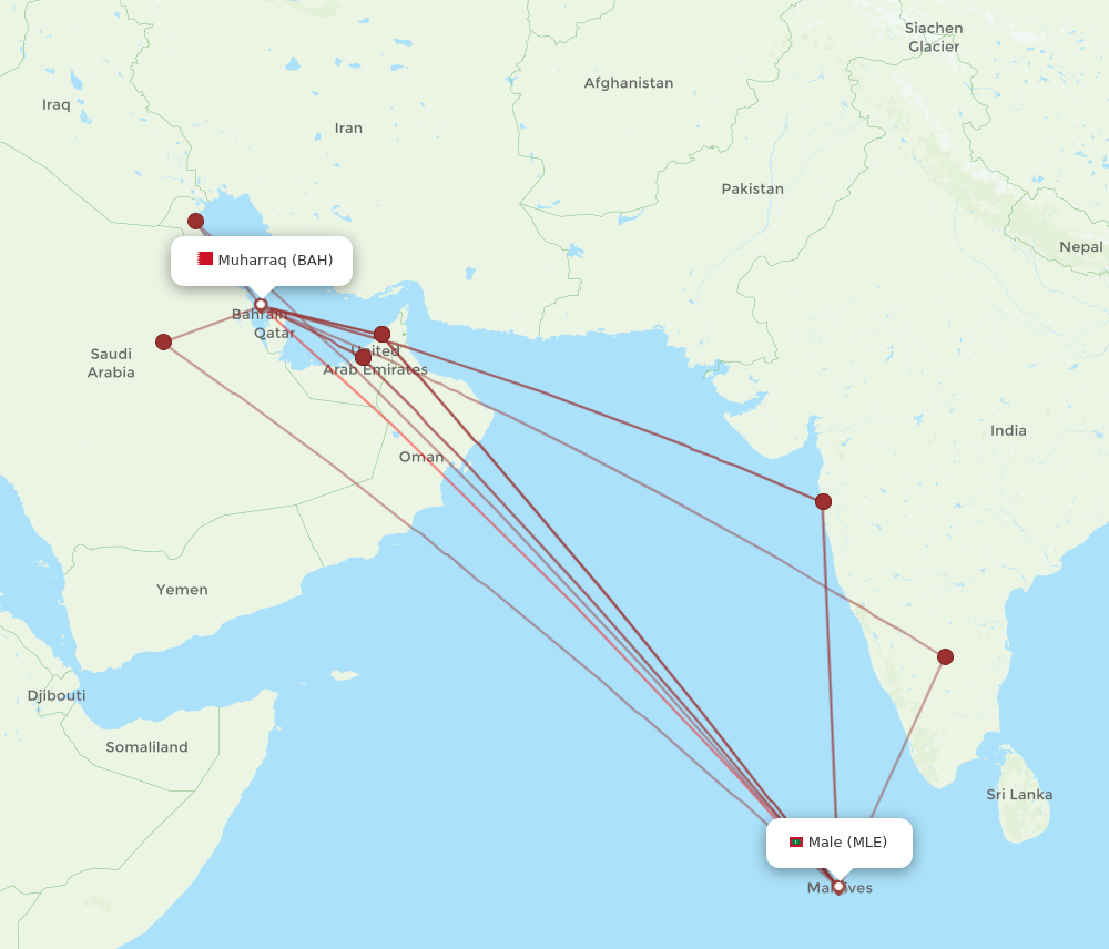 MLE to BAH flights and routes map