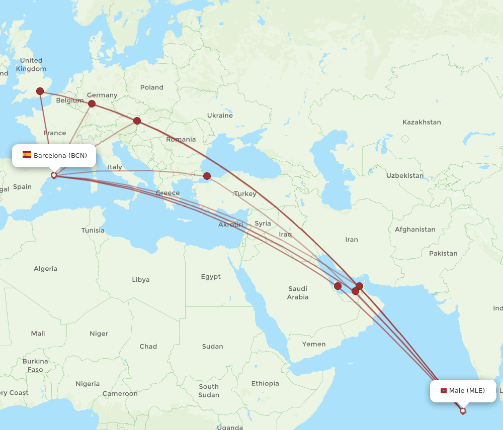 MLE to BCN flights and routes map