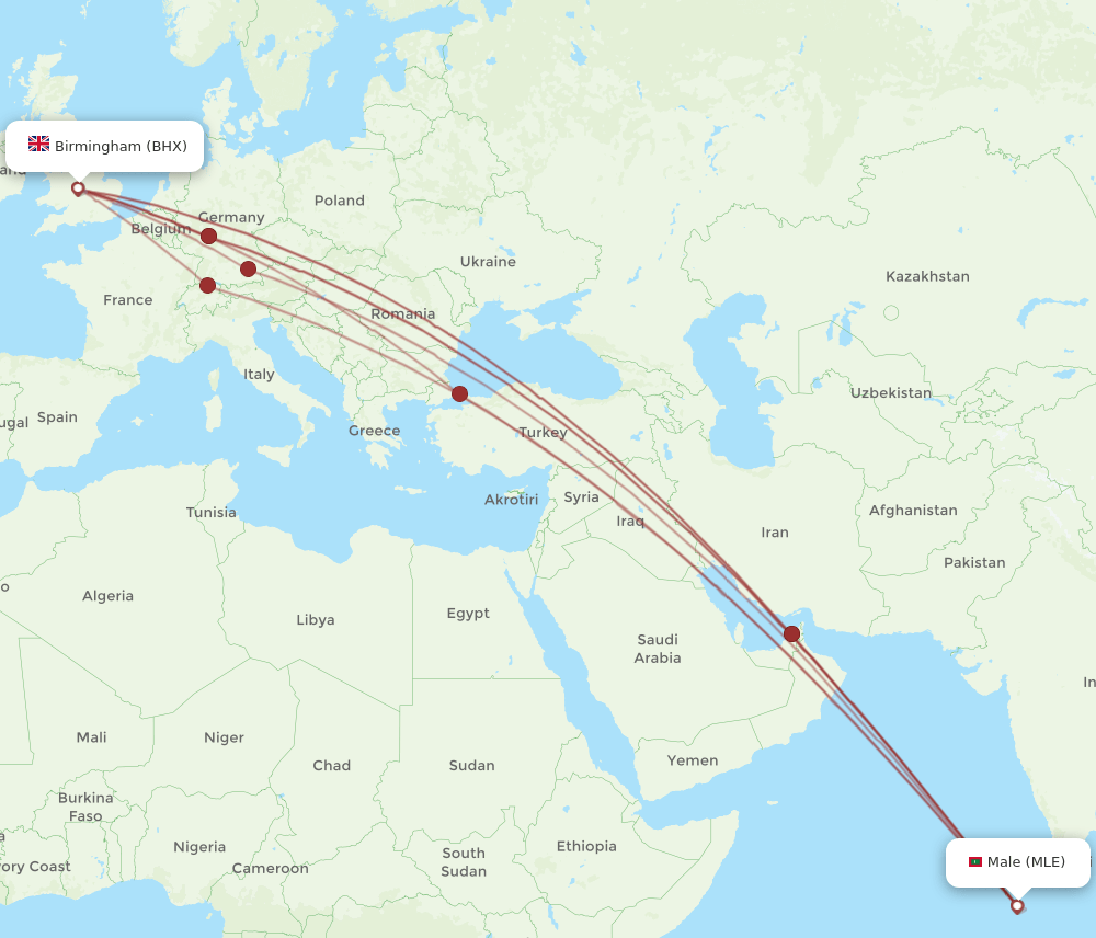 MLE to BHX flights and routes map
