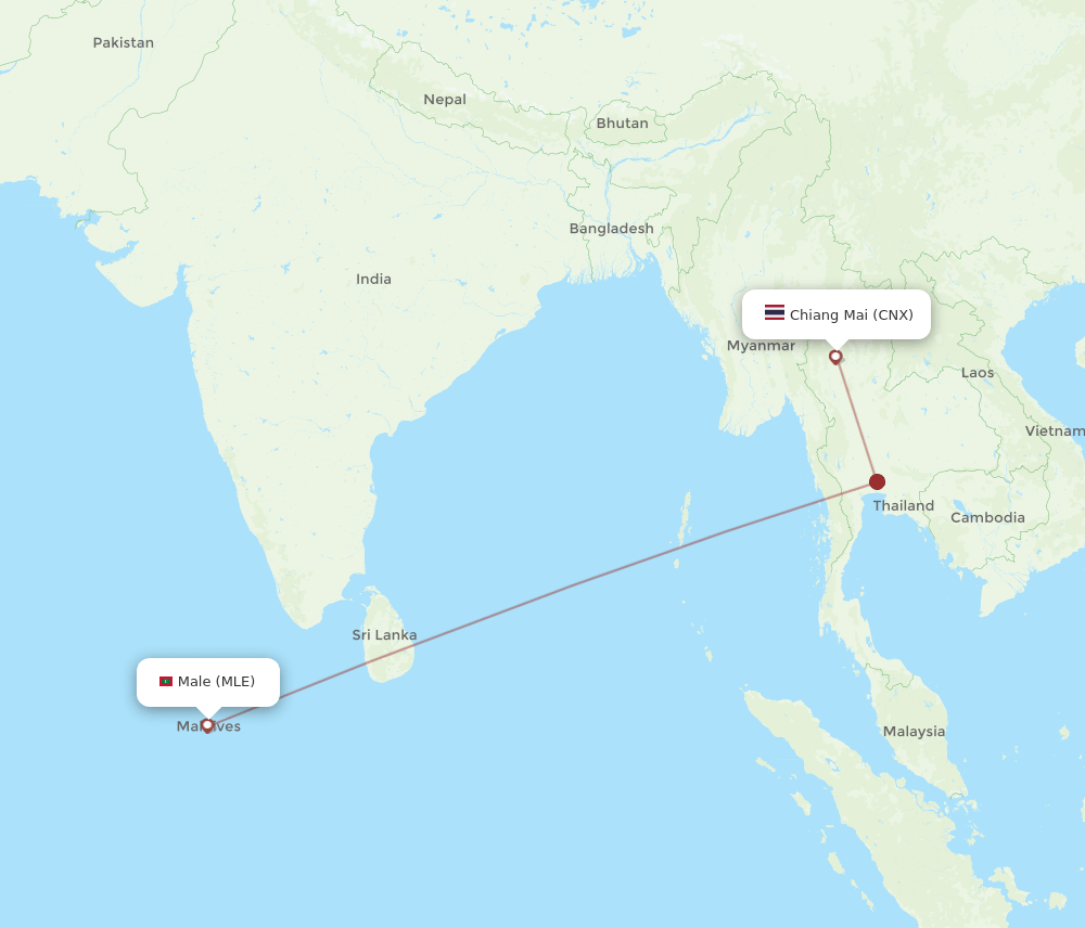 Chiang Mai - Male route map and flight paths