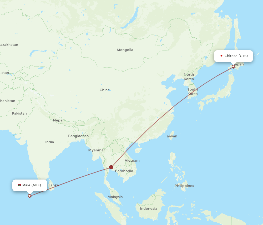 Sapporo - Male route map and flight paths