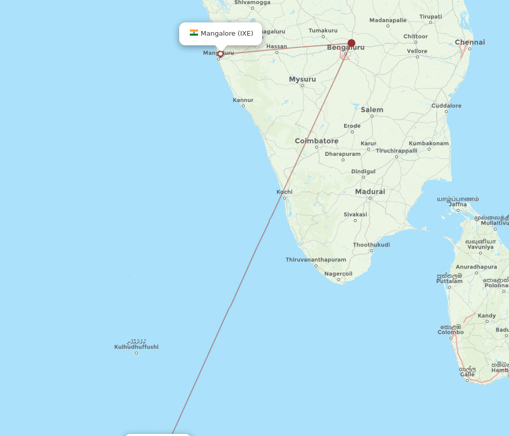 Mangalore - Male route map and flight paths