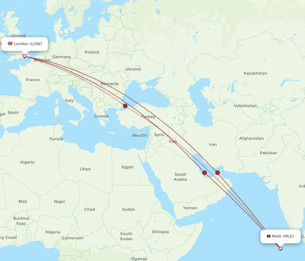 MLE to LGW flights and routes map