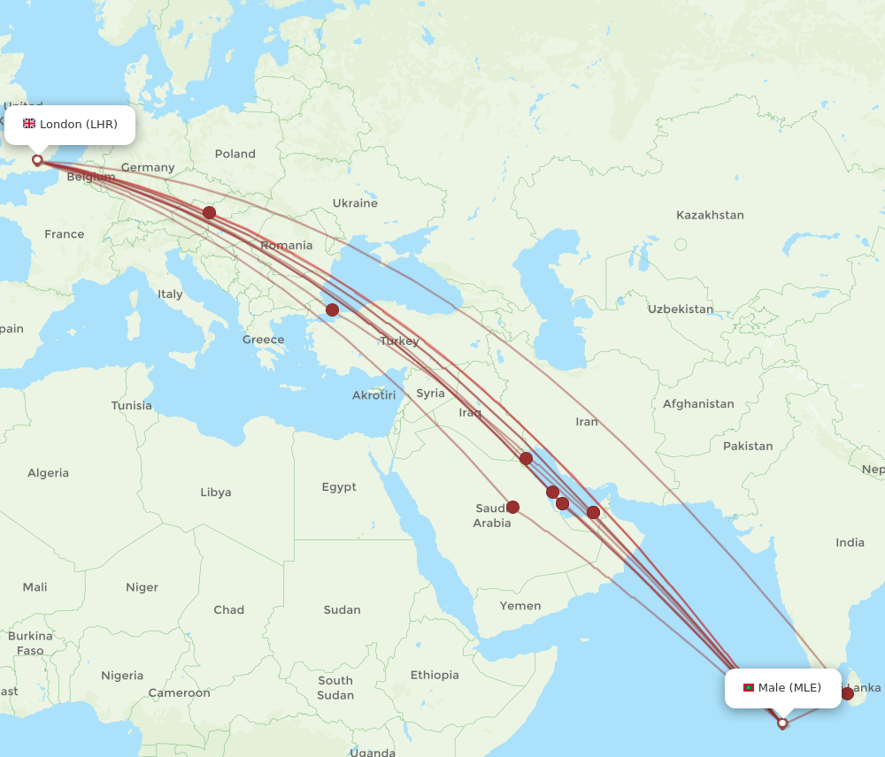 MLE to LHR flights and routes map