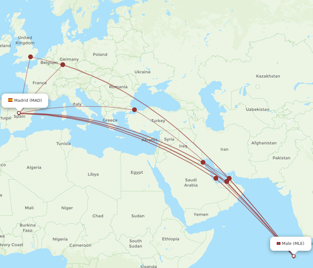 MLE to MAD flights and routes map