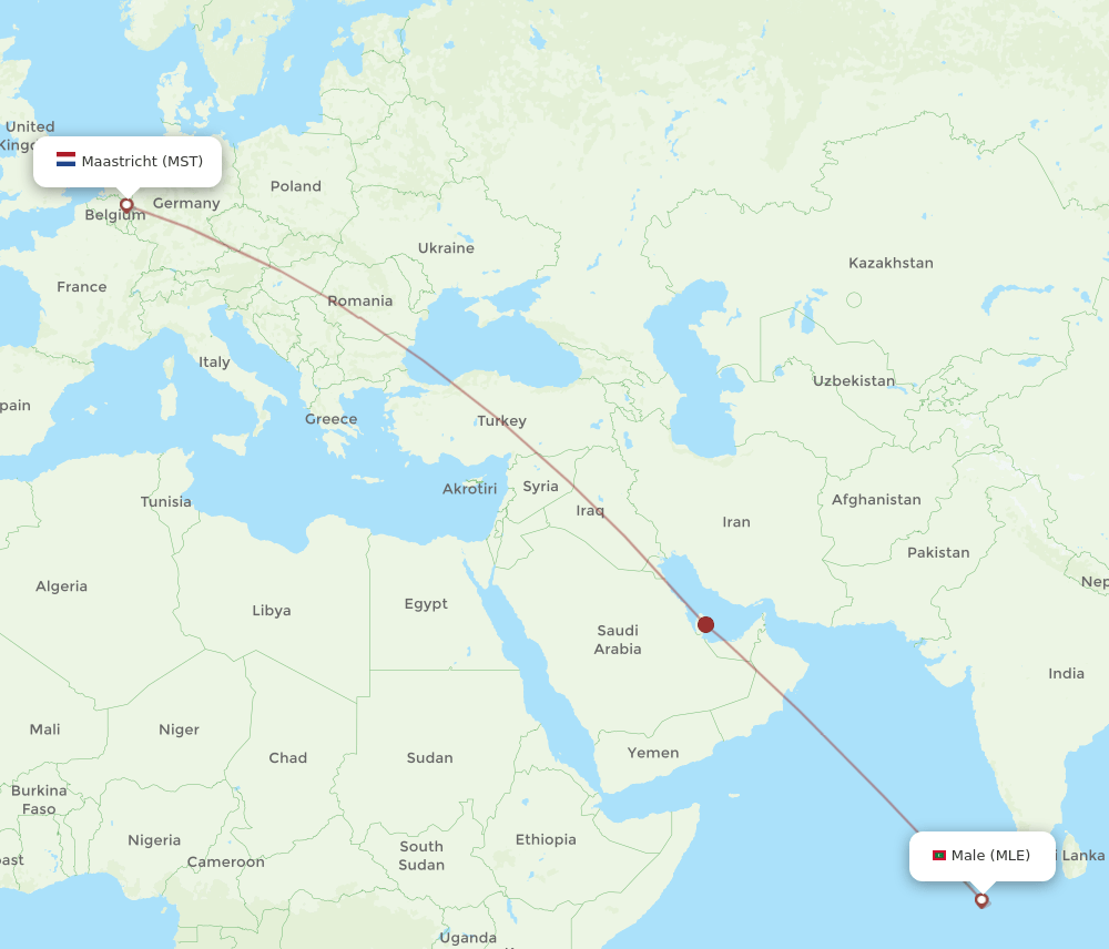 Maastricht - Male route map and flight paths