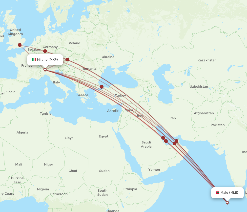 MLE to MXP flights and routes map