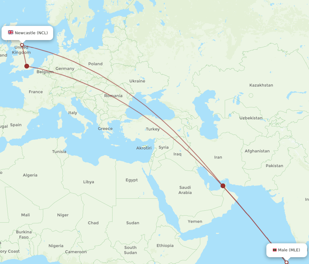MLE to NCL flights and routes map