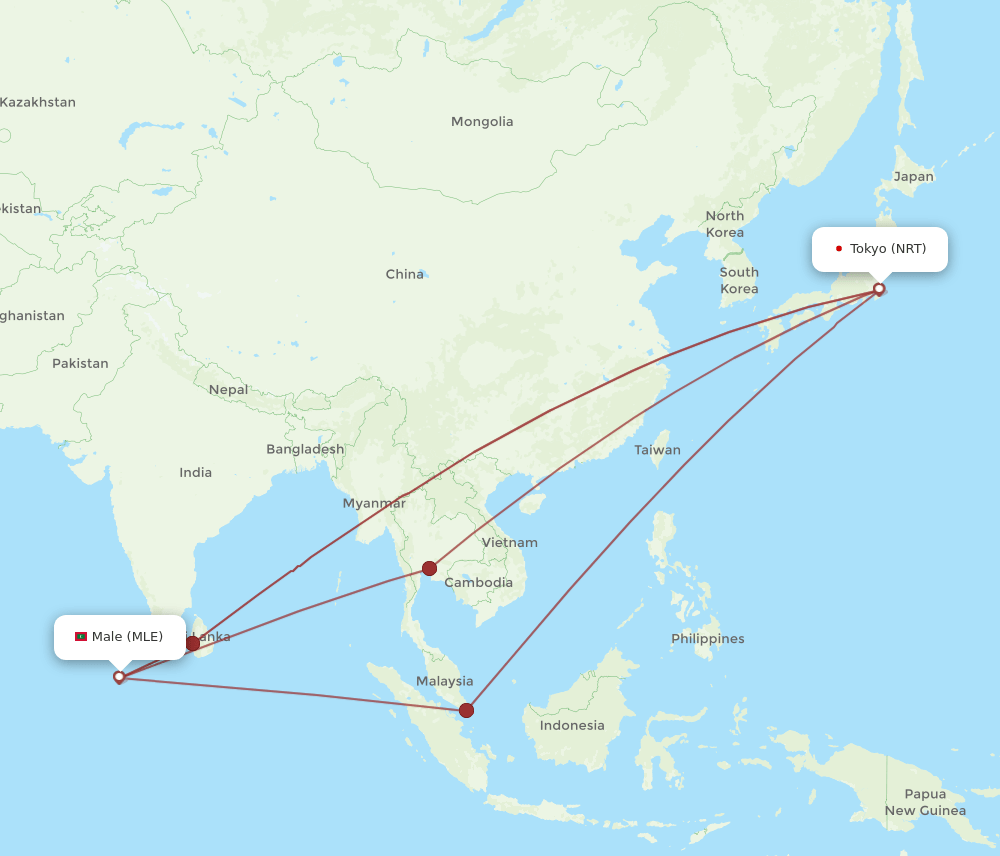MLE to NRT flights and routes map