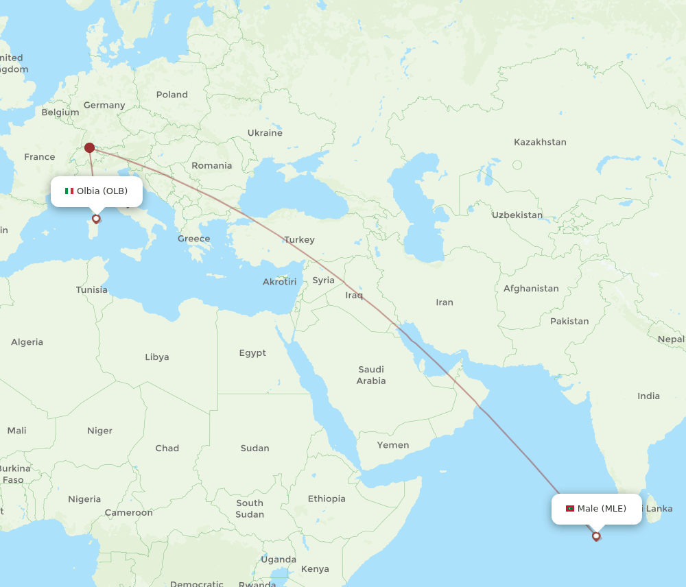 Olbia - Male route map and flight paths