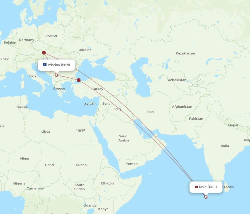 MLE to PRN flights and routes map