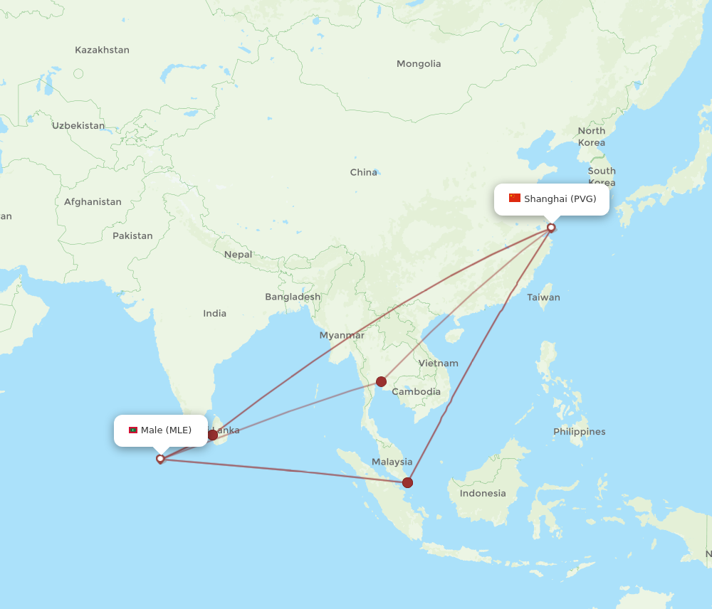 MLE to PVG flights and routes map