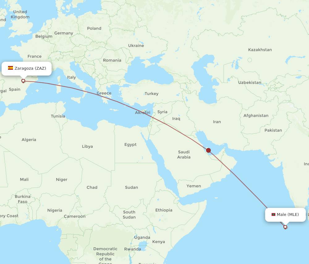 Male - Zaragoza route map and flight paths