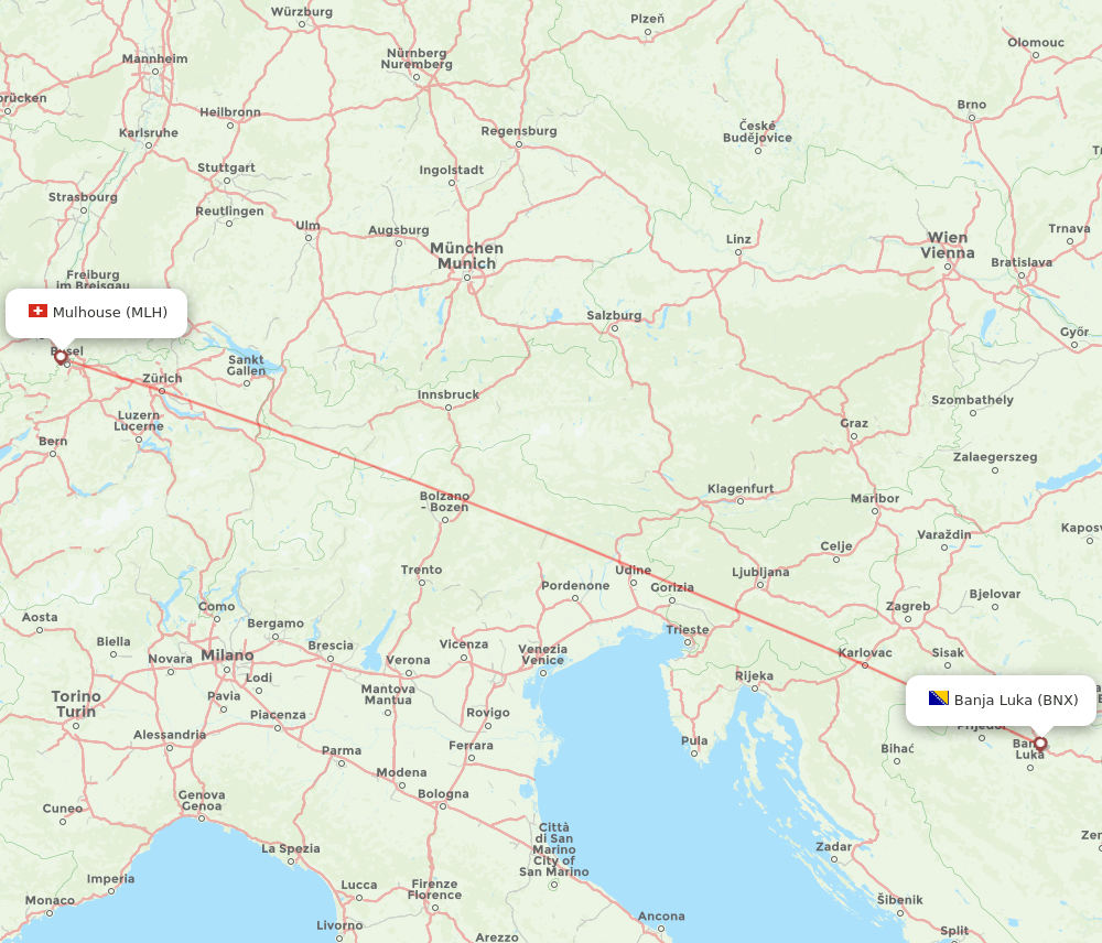 Mulhouse, France/Basel - Banja Luka route map and flight paths