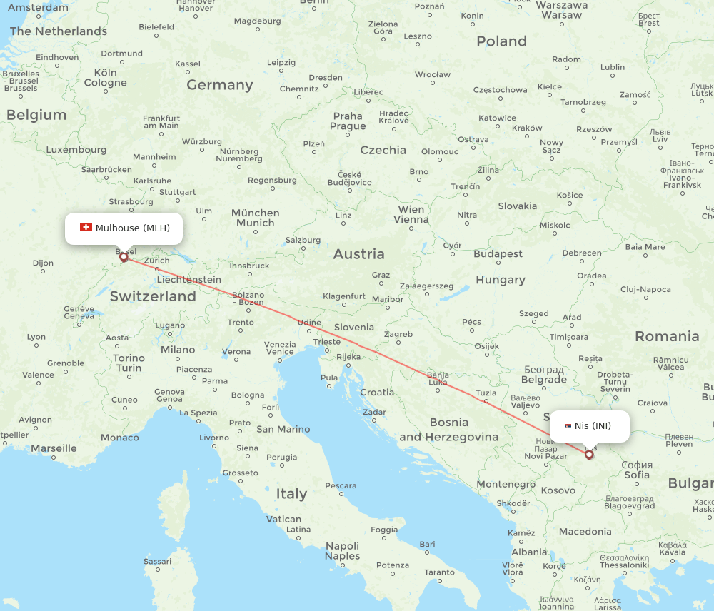 Mulhouse, France/Basel - Nis route map and flight paths