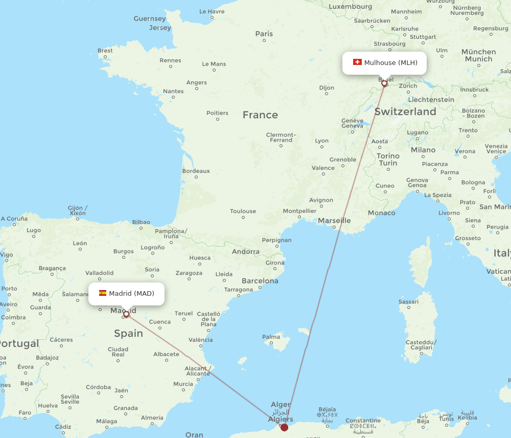 Madrid - Mulhouse, France/Basel route map and flight paths