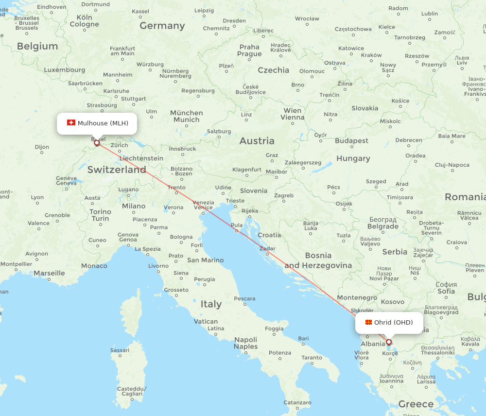 Mulhouse, France/Basel - Ohrid route map and flight paths