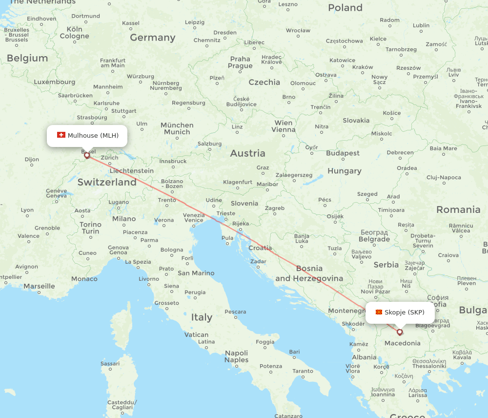 Mulhouse, France/Basel - Skopje route map and flight paths