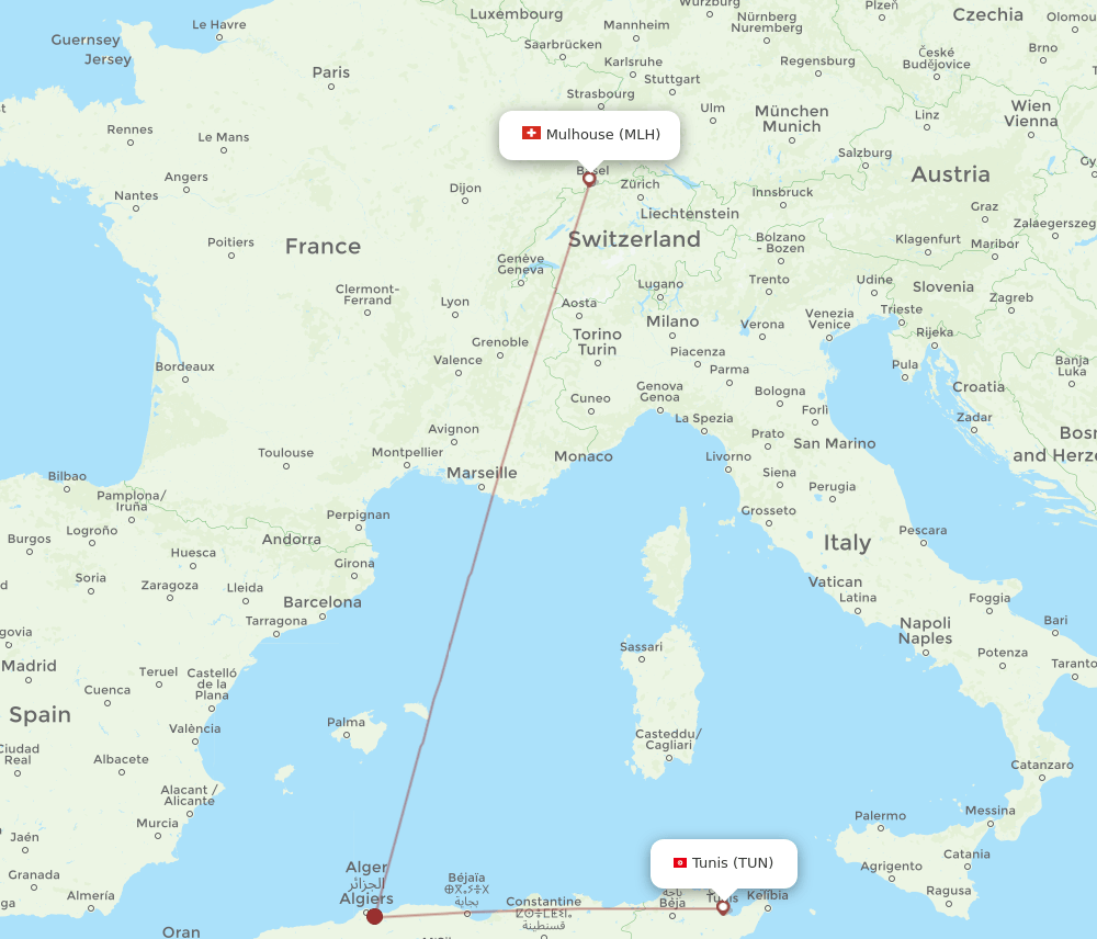 Tunis - Mulhouse, France/Basel route map and flight paths