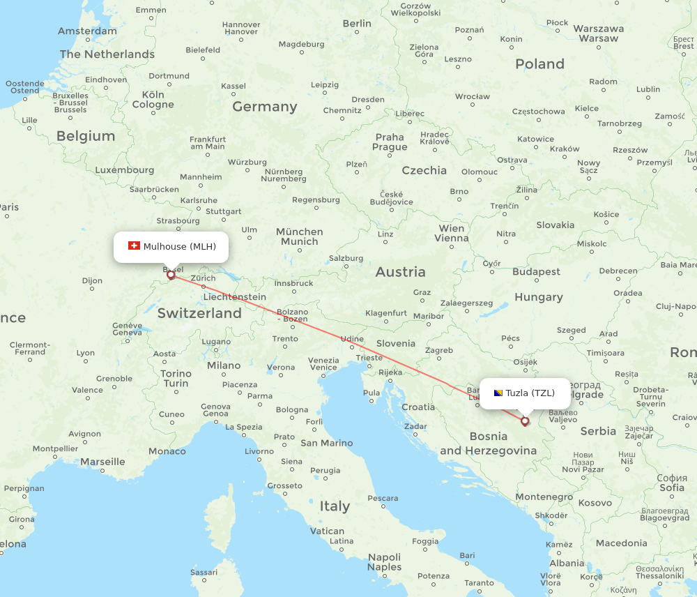 Mulhouse, France/Basel - Tuzla route map and flight paths