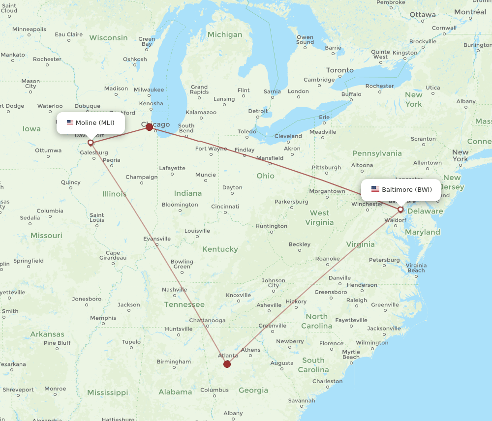 MLI-BWI flight routes