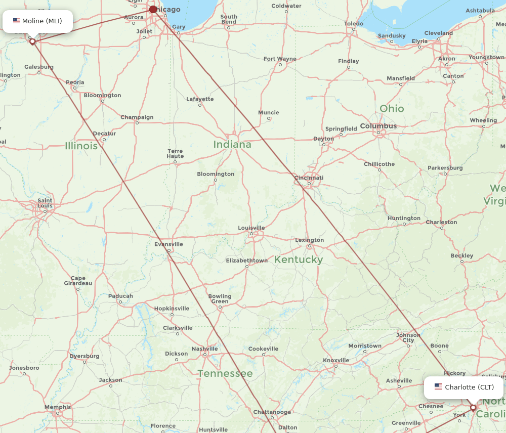 MLI-CLT flight routes