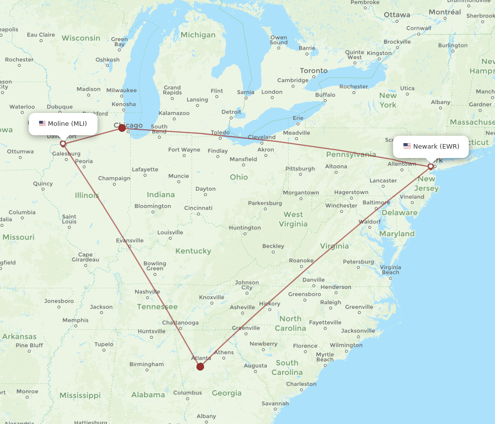 MLI to EWR flights and routes map