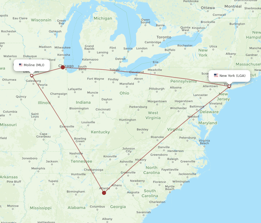 MLI to LGA flights and routes map