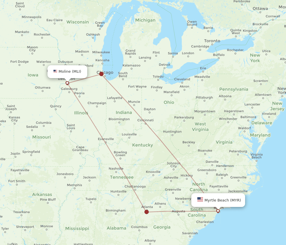 MLI to MYR flights and routes map