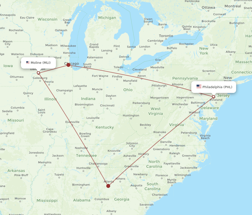 MLI to PHL flights and routes map