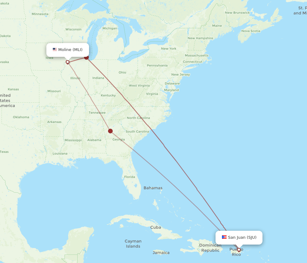 MLI to SJU flights and routes map