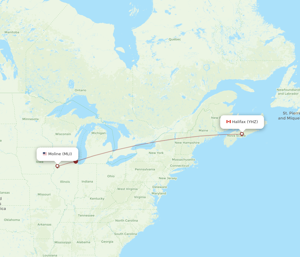 YHZ to MLI flights and routes map