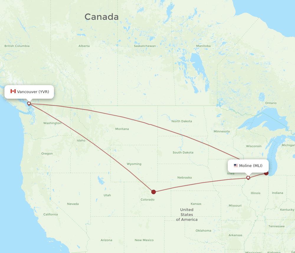 Vancouver - Moline route map and flight paths