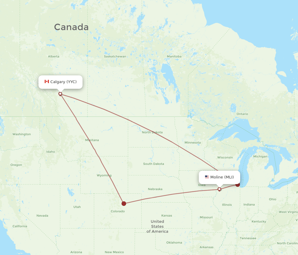 YYC to MLI flights and routes map