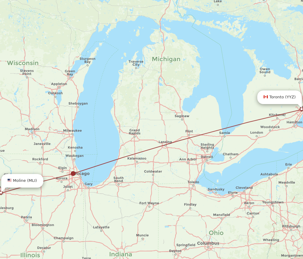 MLI to YYZ flights and routes map