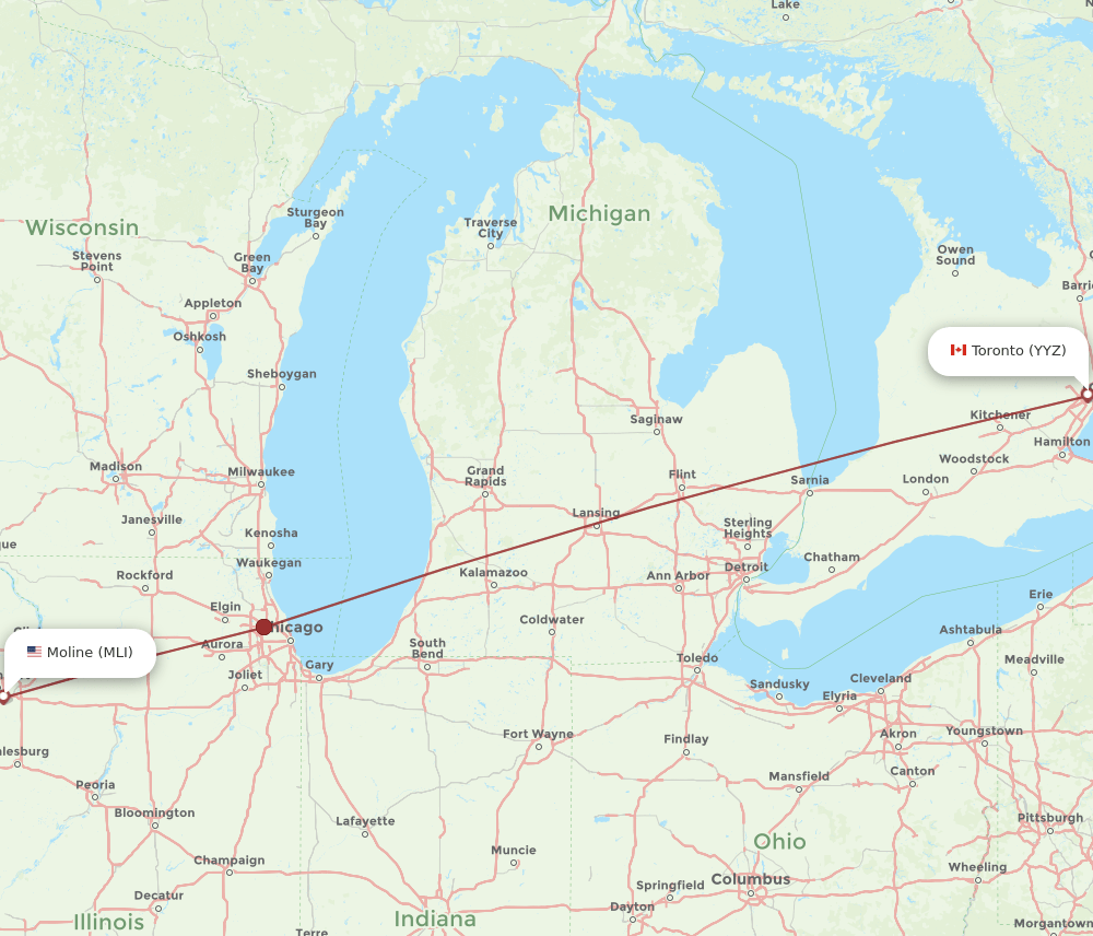 Toronto - Moline route map and flight paths
