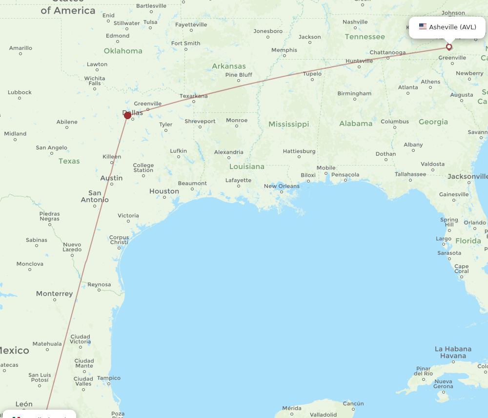 Asheville - Morelia route map and flight paths