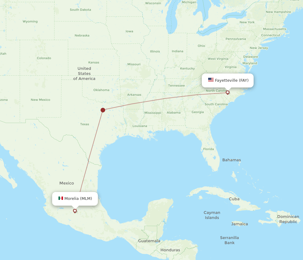 Morelia - Fayetteville route map and flight paths