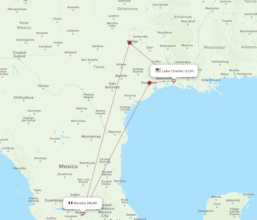 MLM to LCH flights and routes map