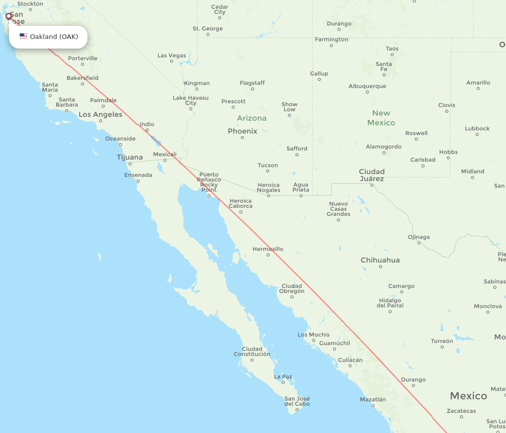Morelia - Oakland route map and flight paths