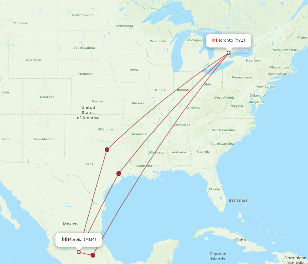 Toronto - Morelia route map and flight paths
