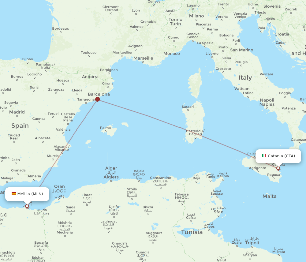 Catania - Melilla route map and flight paths