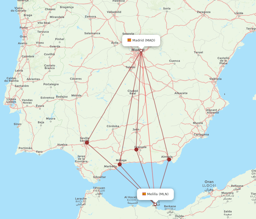 MLN to MAD flights and routes map