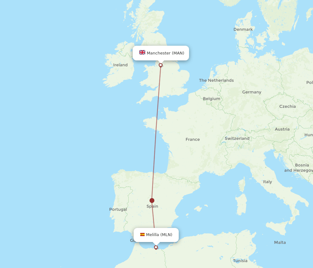 Manchester - Melilla route map and flight paths